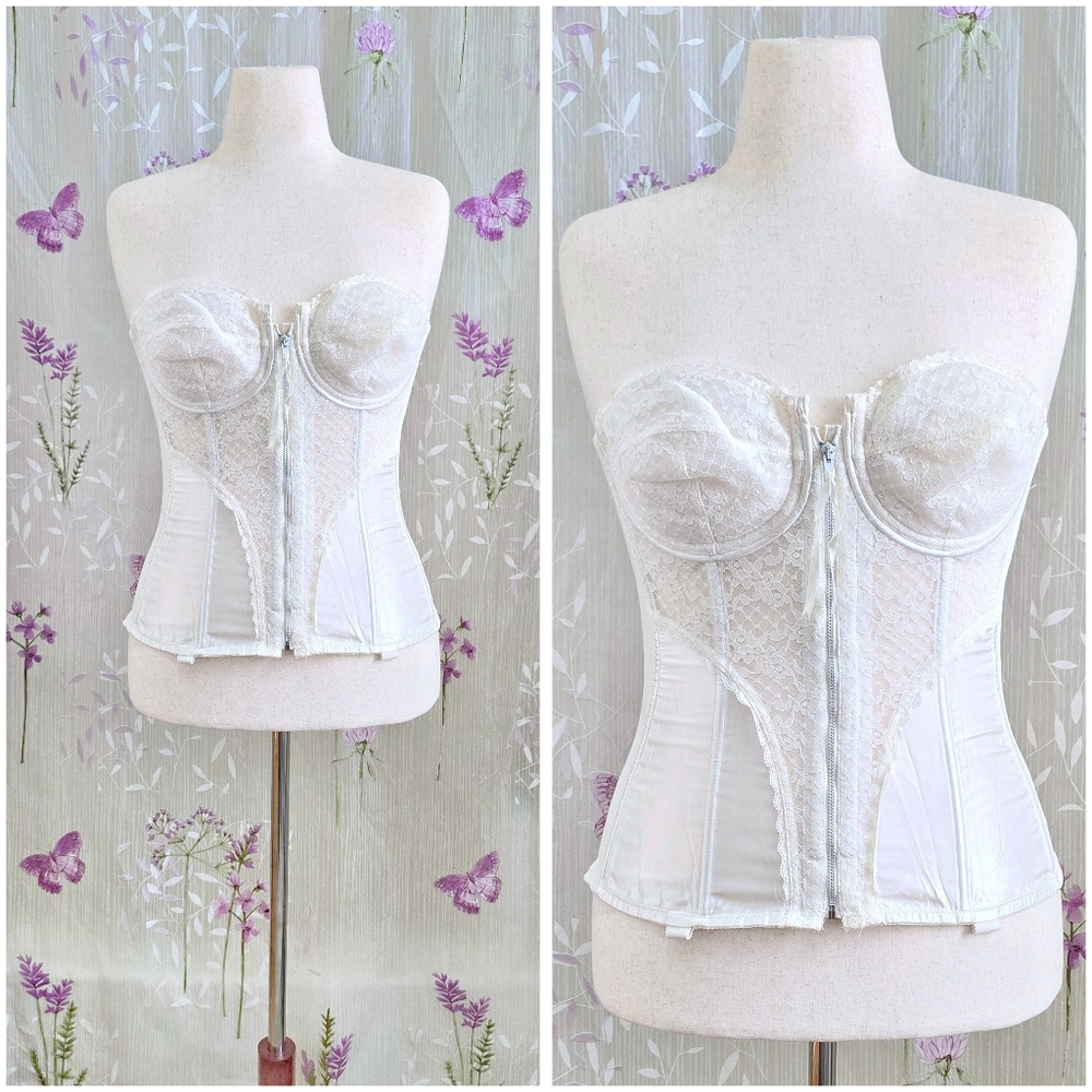 Vintage 38C Bustier Longline Bullet Bra White Lace Wedding Lingerie Front Zipper